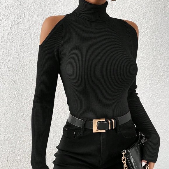 . Sweaters - Black Casual Womens Turtleneck Cold Shoulder Ribbed Knit Sweater
